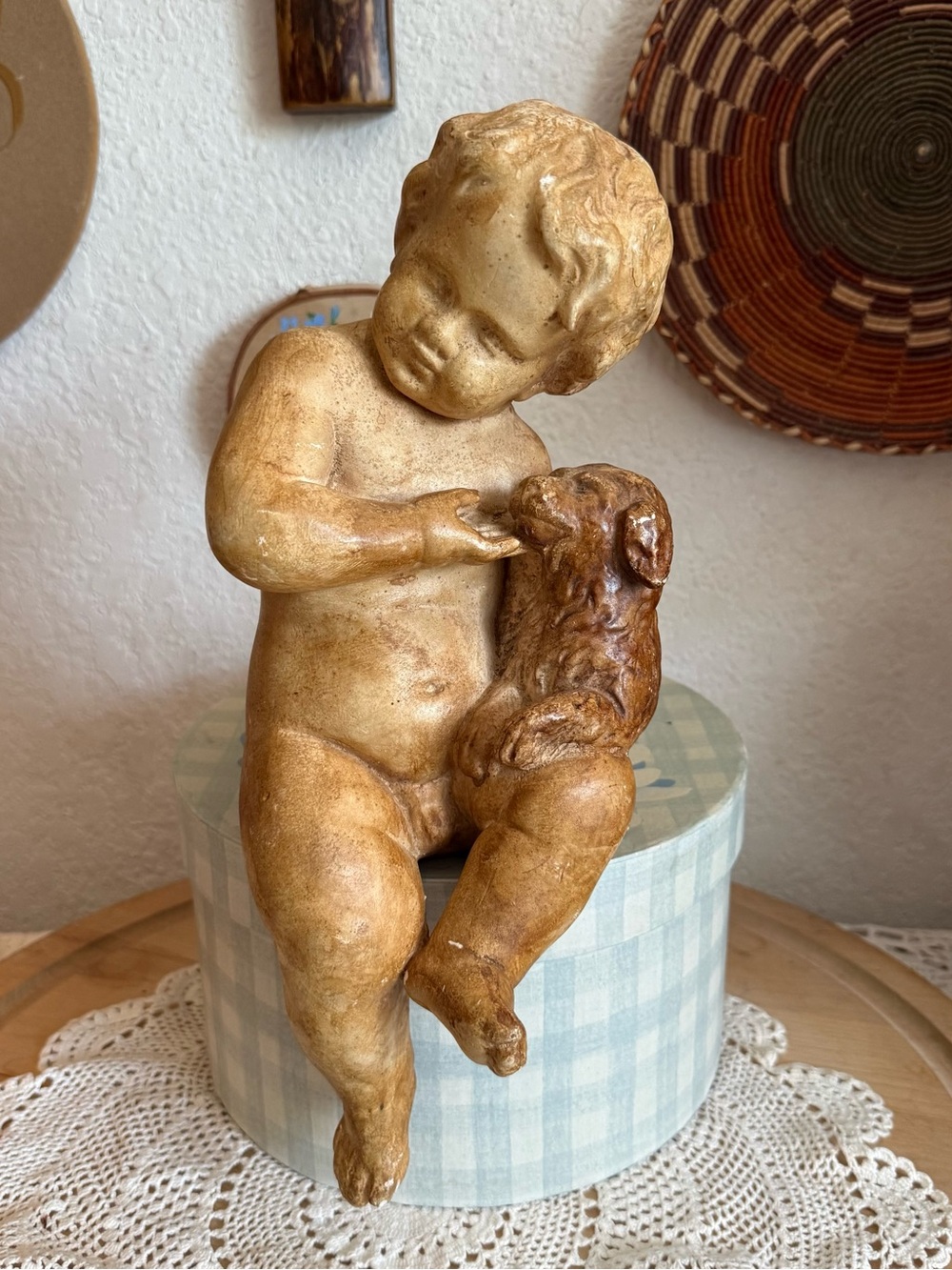 Vintage Ceramic Sitting Cherub Angel Boy with Dog Figurine